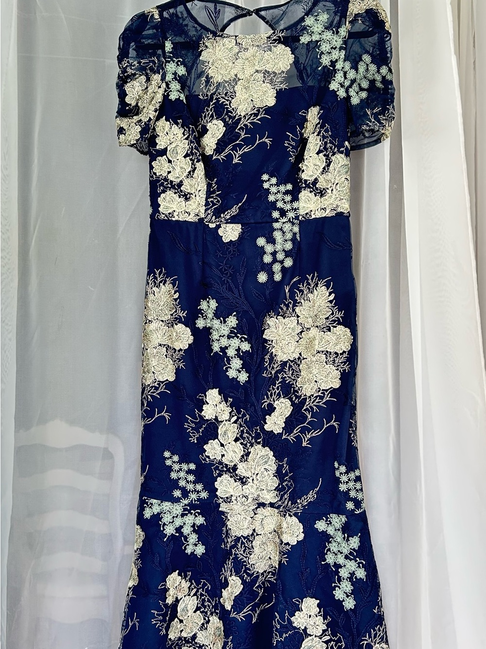 JS Collections Navy Midi Dress with Ivory Floral Lace